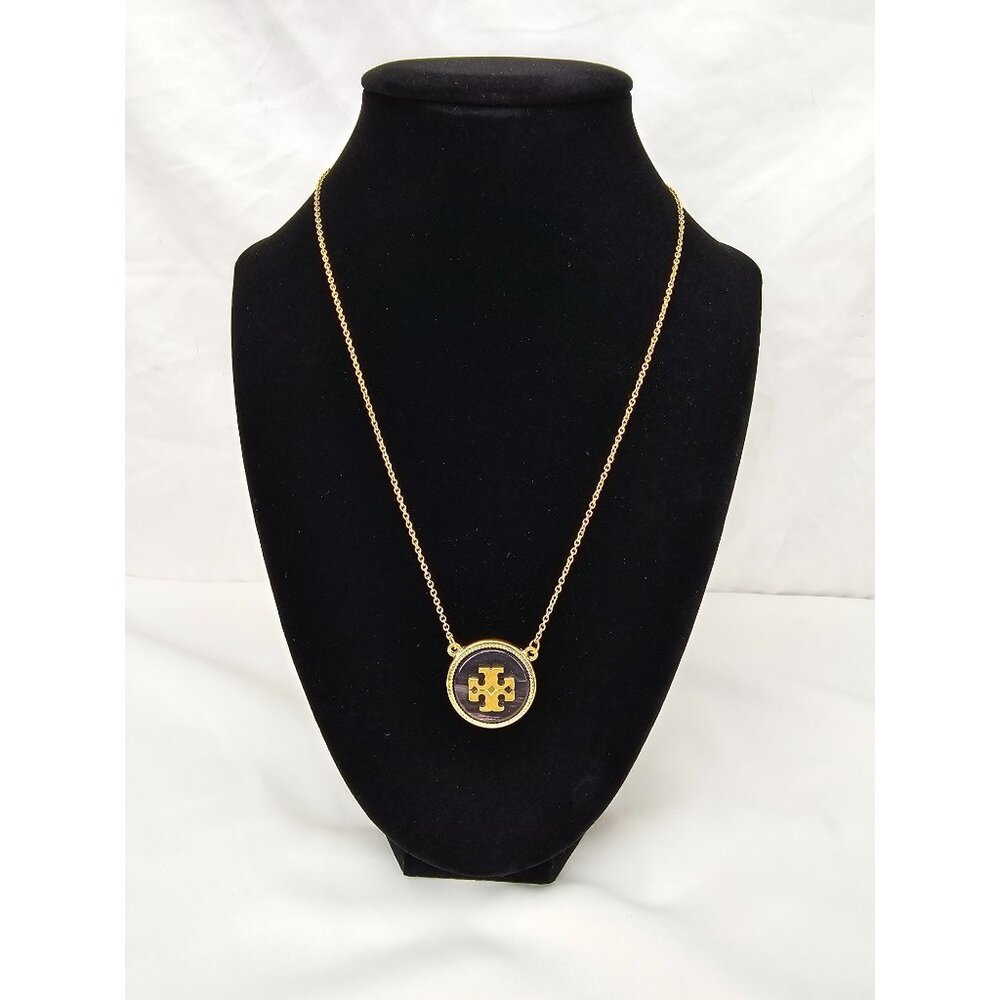 Tory Burch Semi-Precious Gold Tone Amethyst Logo Pendant Necklace